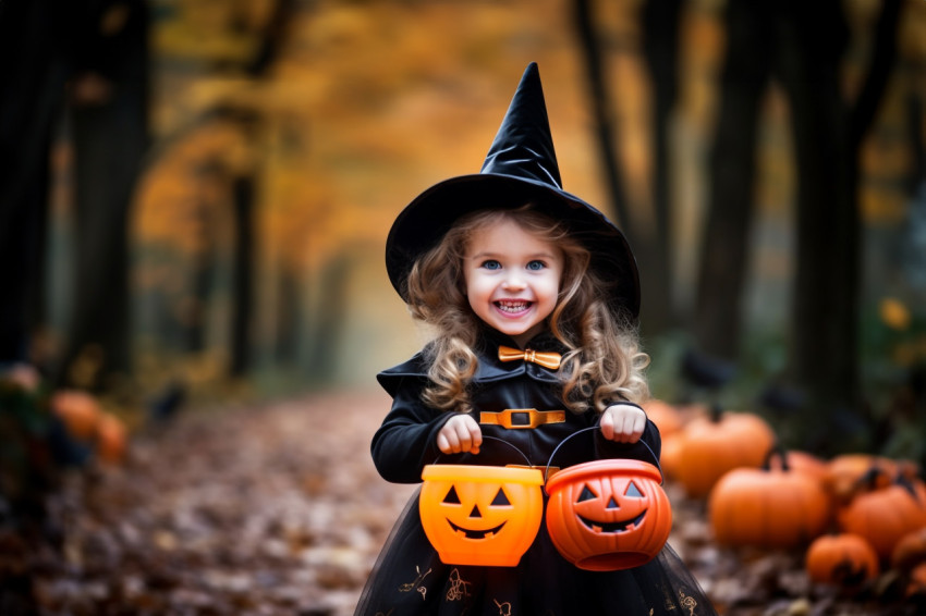 A photo of a young girl dressed as a witch playing in a park in