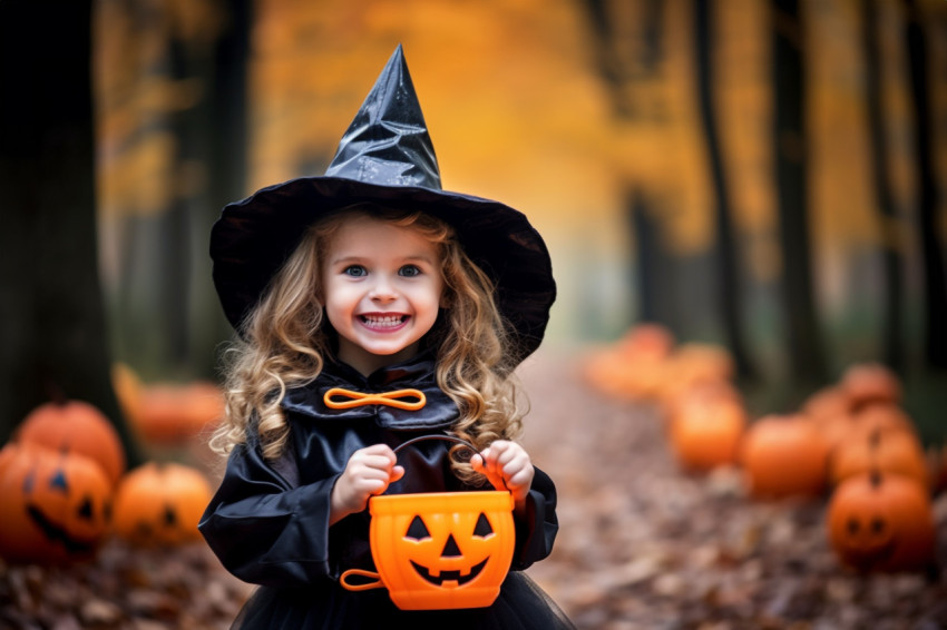 A photo of a young girl dressed as a witch playing in a park in