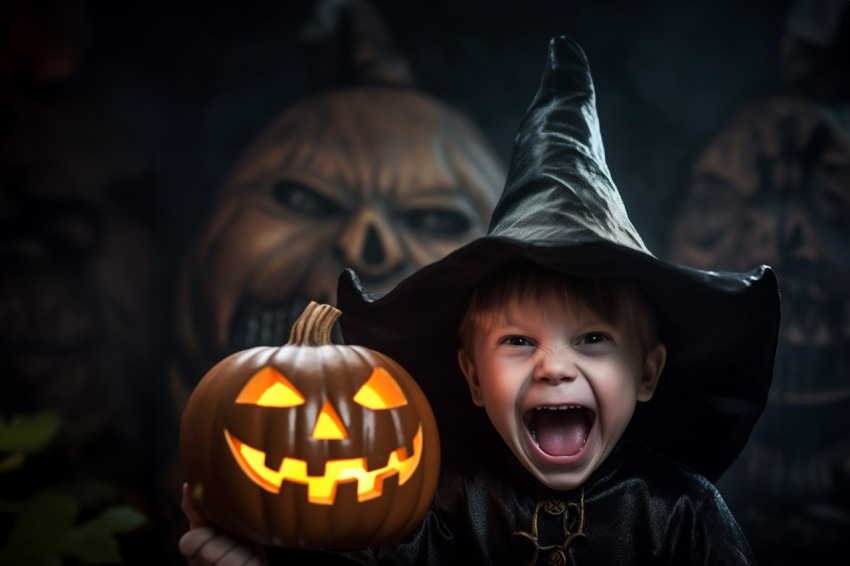 Picture of a small boy wearing a black witch hat and holding a H