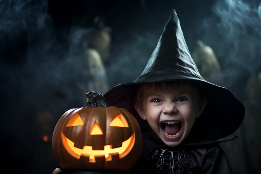 Picture of a small boy wearing a black witch hat and holding a H