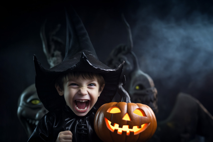 Picture of a small boy wearing a black witch hat and holding a H