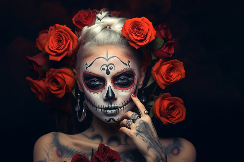 Picture of a young woman with scary makeup and flowers on her he