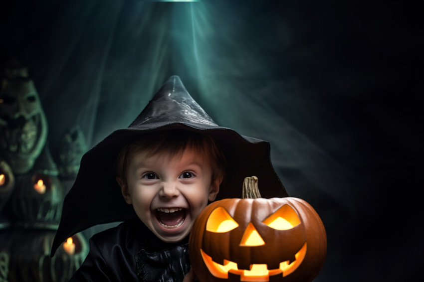 Picture of a small boy wearing a black witch hat and holding a H