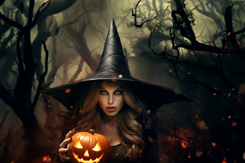 Halloween witch photo: surprised young woman in costume holding