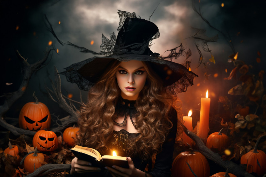 A photo of a young, beautiful woman dressed as a witch for Hallo