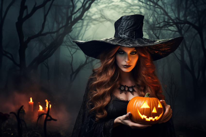 Halloween witch photo: surprised young woman in costume holding