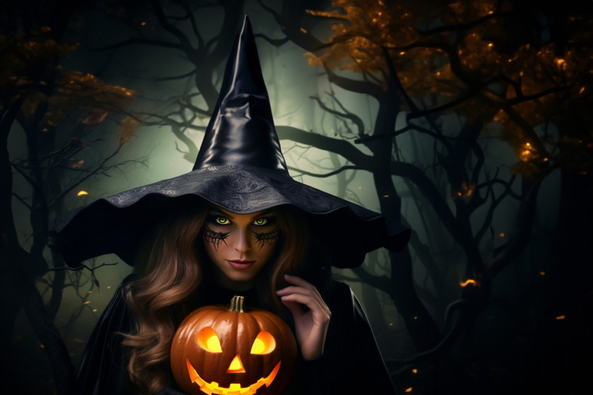 Halloween witch photo: surprised young woman in costume holding