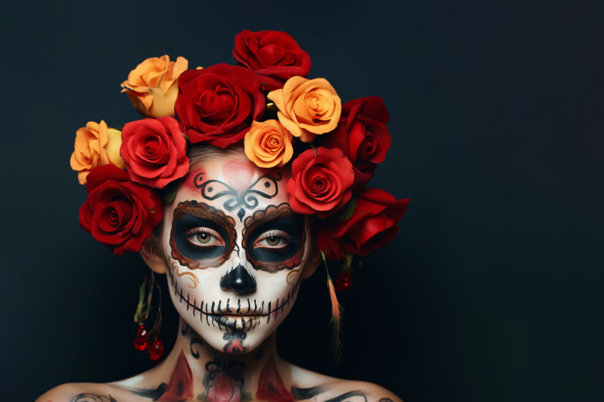 Picture of a young woman with scary makeup and flowers on her he