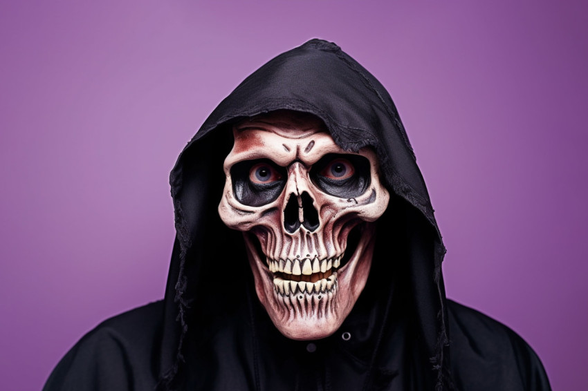 A photo of a man dressed as Death, with skeleton makeup on his f