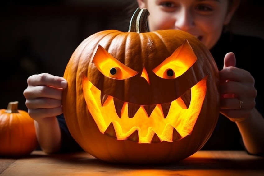 A close up photo of a woman carving a big orange pumpkin for a H