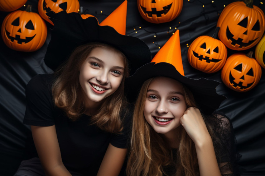 A picture of young people wearing Halloween hats and holding pum