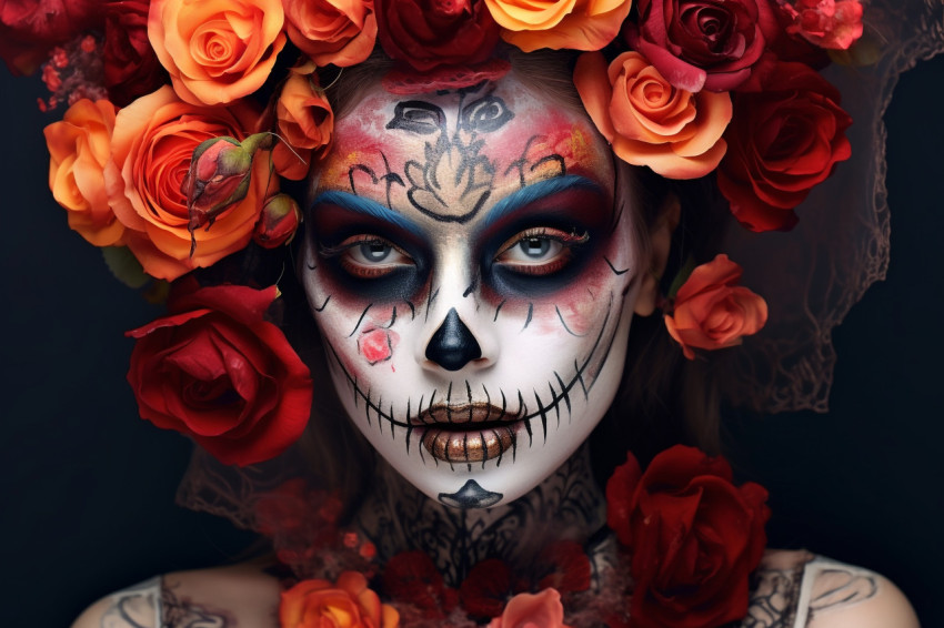 Picture of a young woman with scary makeup and flowers on her he