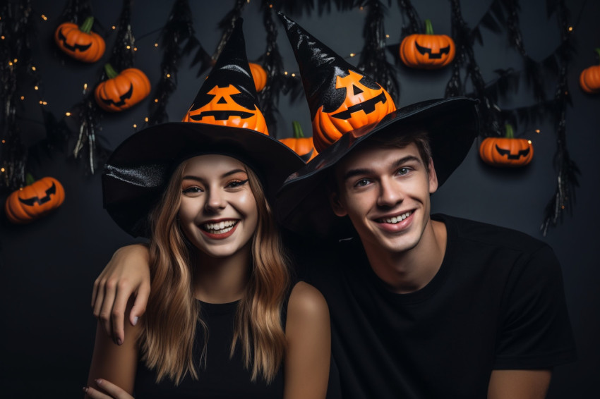 A picture of young people wearing Halloween hats and holding pum