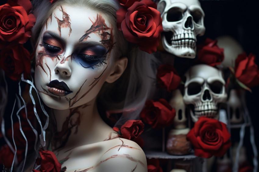 Picture of a young woman with scary makeup and flowers on her he