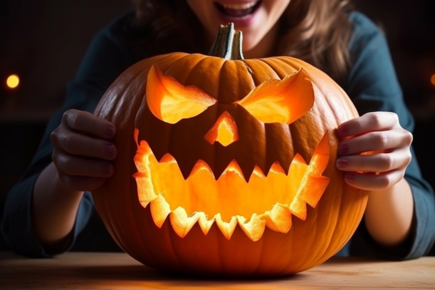 A close up photo of a woman carving a big orange pumpkin for a H