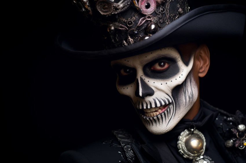 A close up photo of a man with skull makeup, dressed in a tailco