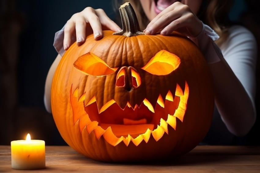 A close up photo of a woman carving a big orange pumpkin for a H