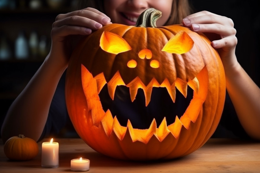 A close up photo of a woman carving a big orange pumpkin for a H