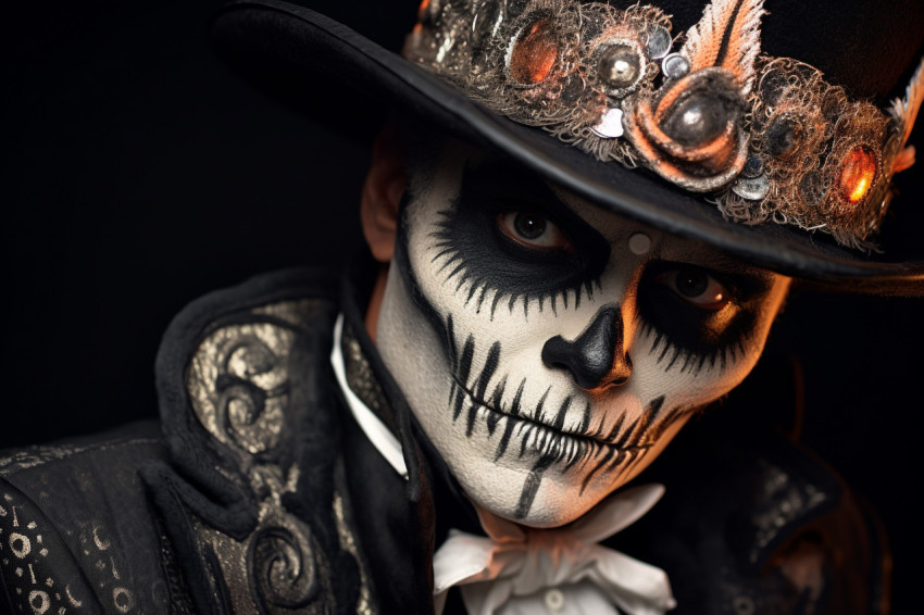 A close up photo of a man with skull makeup, dressed in a tailco