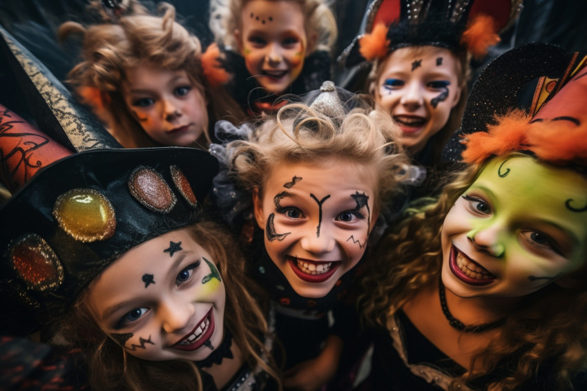 A photo of happy children in Halloween costumes celebrating Hall