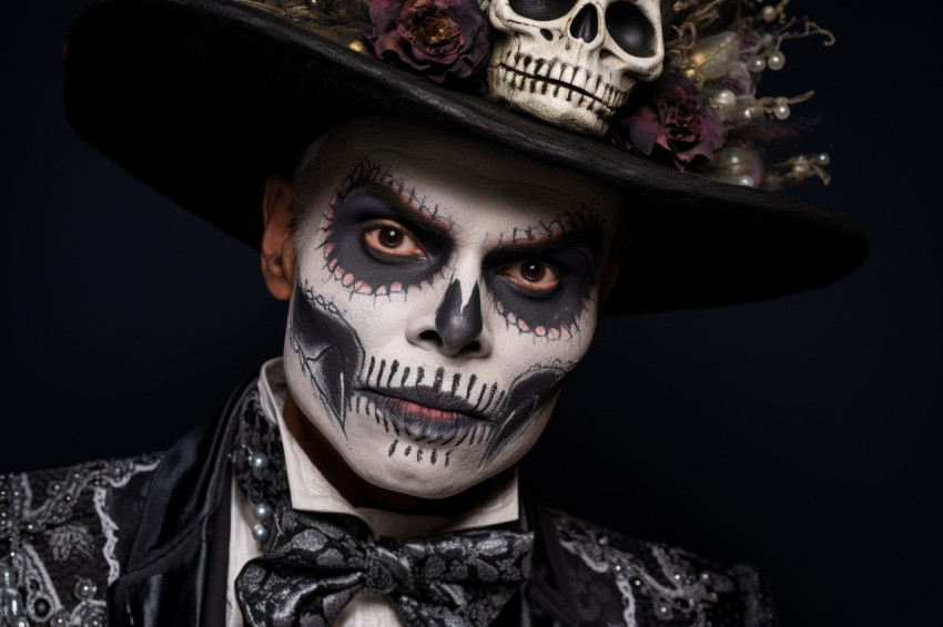 A close up photo of a man with skull makeup, dressed in a tailco