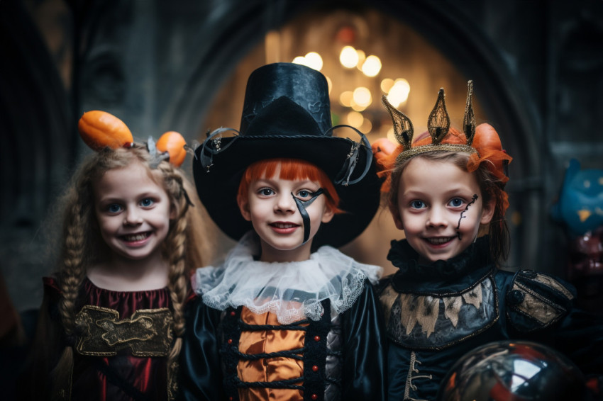 A photo of happy children in Halloween costumes celebrating Hall