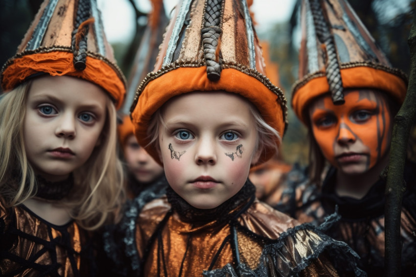 A photo of happy children in Halloween costumes celebrating Hall