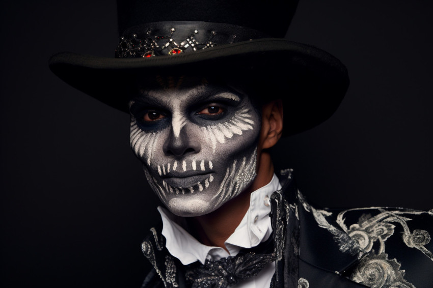 A close up photo of a man with skull makeup, dressed in a tailco