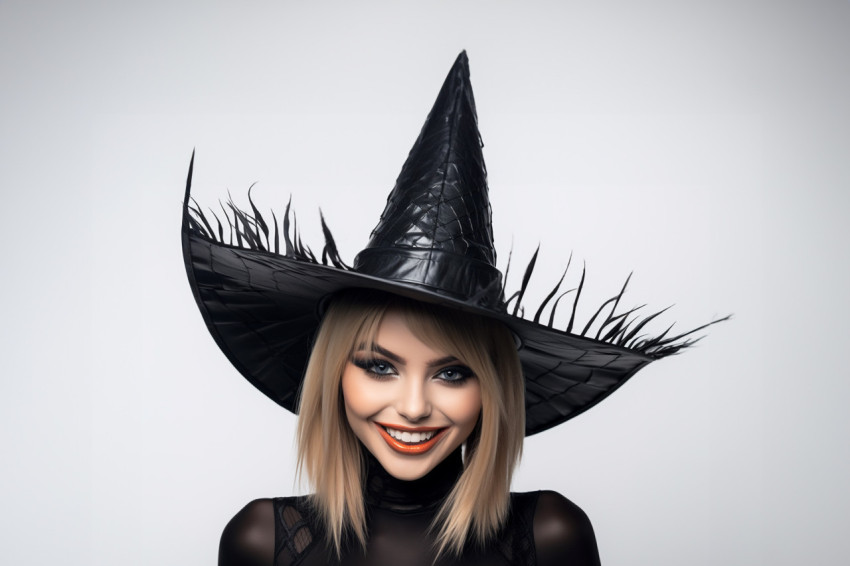 A picture of a happy young woman dressed as a witch for Hallowee