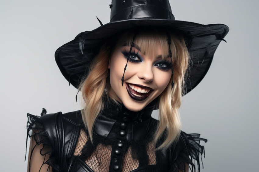 A picture of a happy young woman dressed as a witch for Hallowee