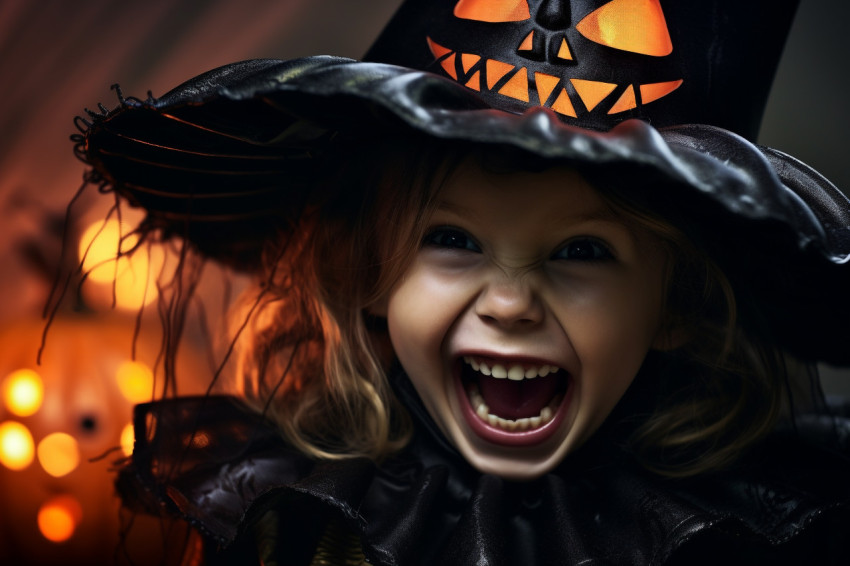 Picture of a happy little girl laughing in a witch costume on Ha