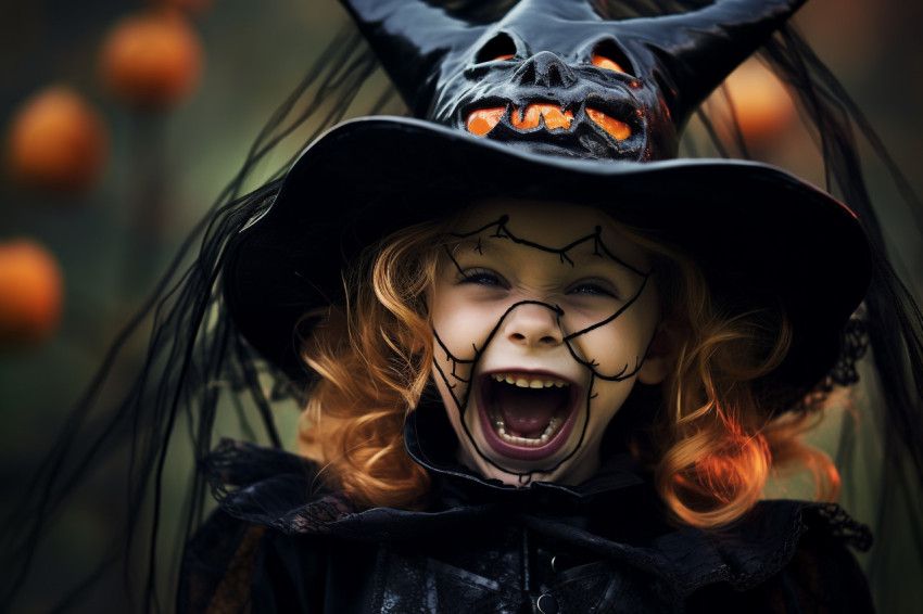 Picture of a happy little girl laughing in a witch costume on Ha