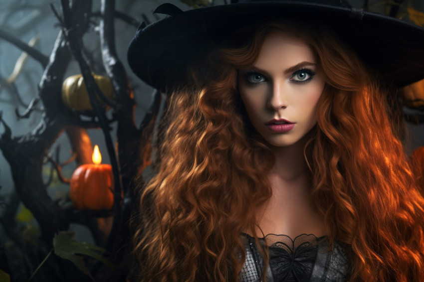 A photo of a young woman in a witch costume with long, curly red