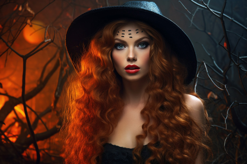 A photo of a young woman in a witch costume with long, curly red