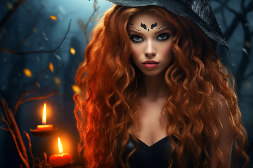 A photo of a young woman in a witch costume with long, curly red