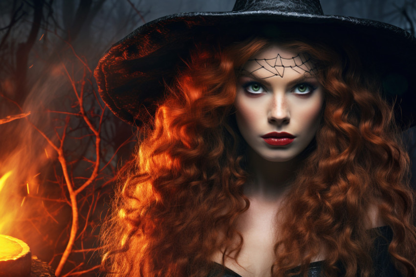 A photo of a young woman in a witch costume with long, curly red