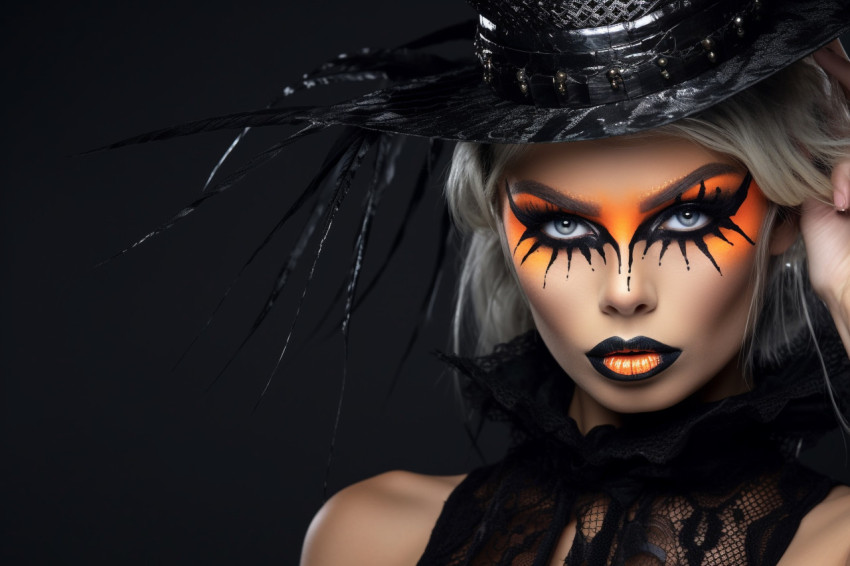 Photo of a beautiful woman with bright black Halloween makeup on