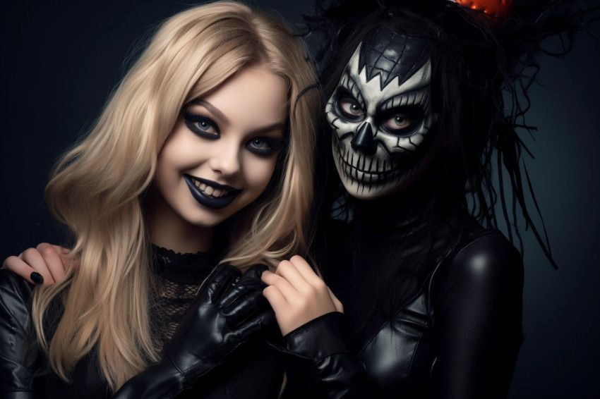 A picture of two happy young women wearing black Halloween costu