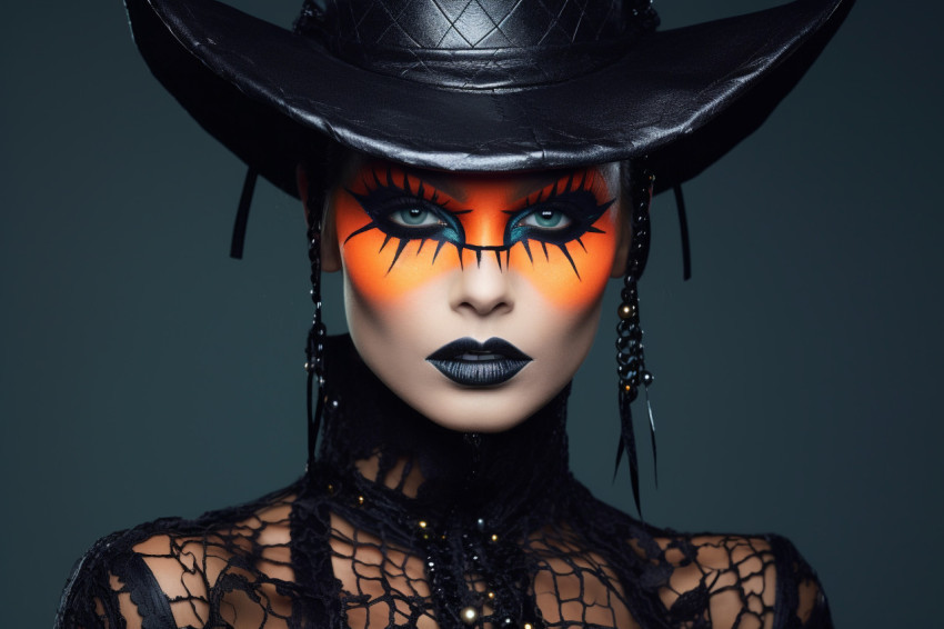 Photo of a beautiful woman with bright black Halloween makeup on