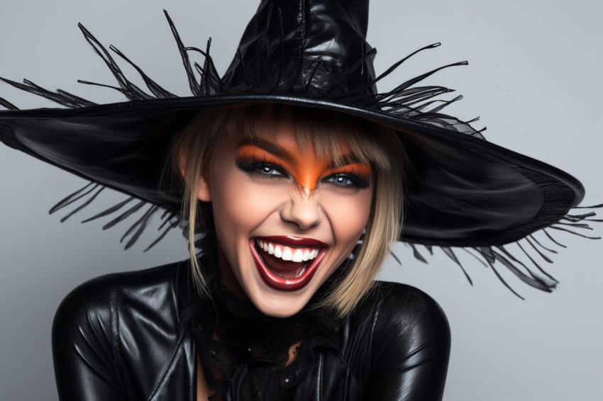 A picture of a happy young woman dressed as a witch for Hallowee