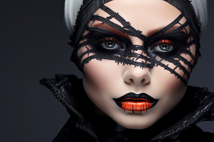 Photo of a beautiful woman with bright black Halloween makeup on