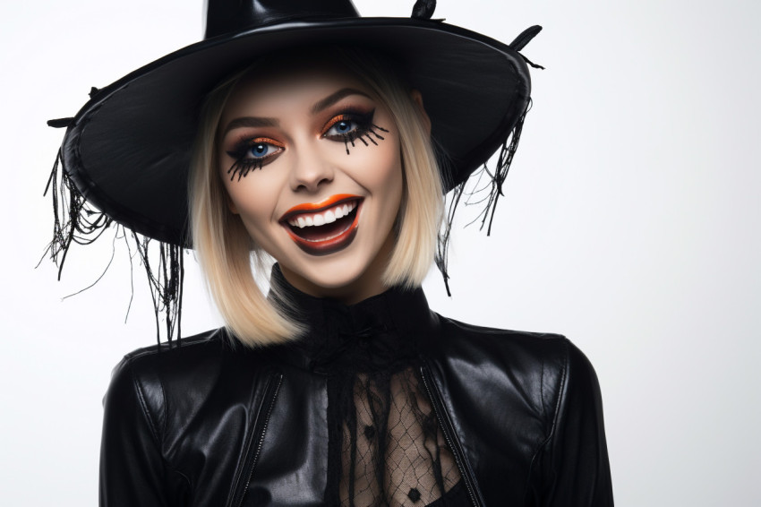 A picture of a happy young woman dressed as a witch for Hallowee