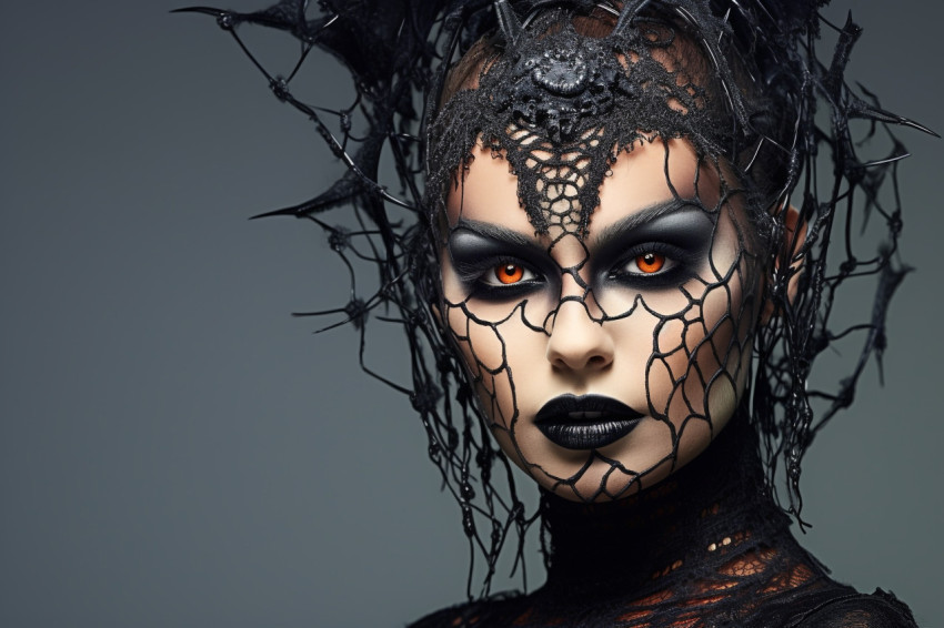 Photo of a beautiful woman with bright black Halloween makeup on