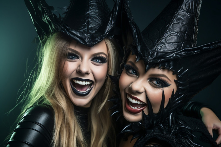 A picture of two happy young women wearing black Halloween costu