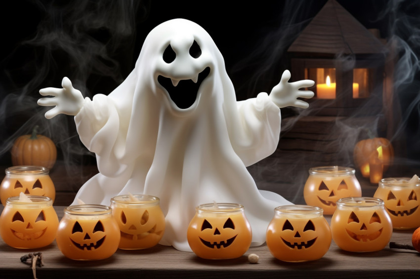 A photo of a white ghost with a pumpkin candy jar trick or treat