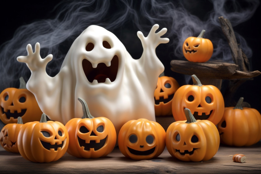 A photo of a white ghost with a pumpkin candy jar trick or treat