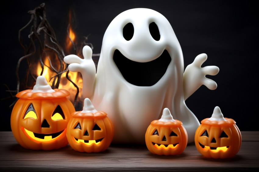 A photo of a white ghost with a pumpkin candy jar trick or treat