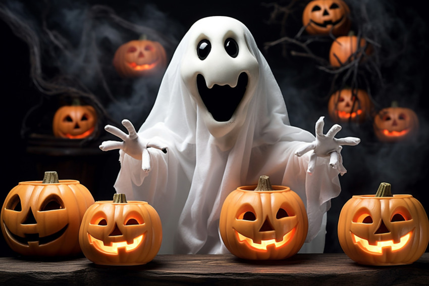 A photo of a white ghost with a pumpkin candy jar trick or treat