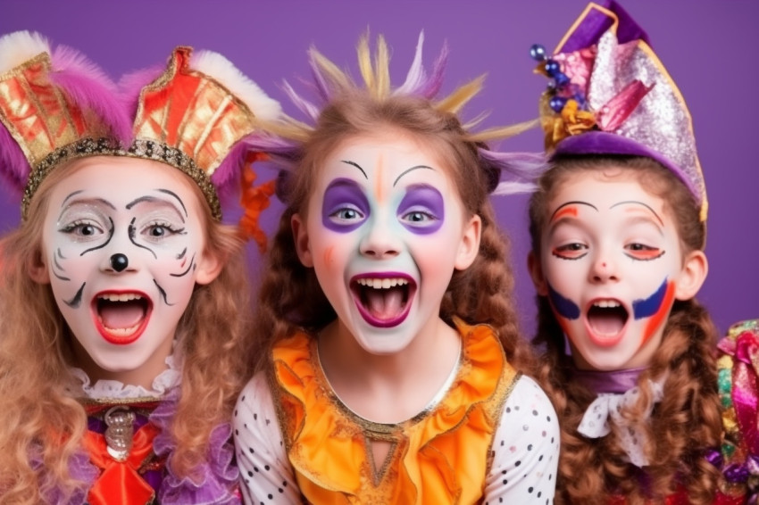 A photo of happy children in carnival costumes and makeup making