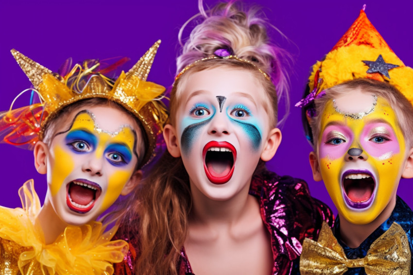 A photo of happy children in carnival costumes and makeup making